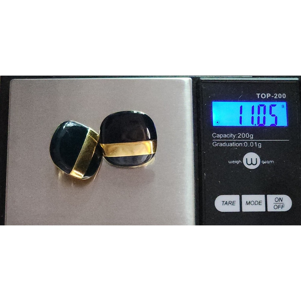 Monet Vintage Black Enamel & Gold Stripe Square‎  Button Clip On Earrings 7/8 In - Picture 8 of 11